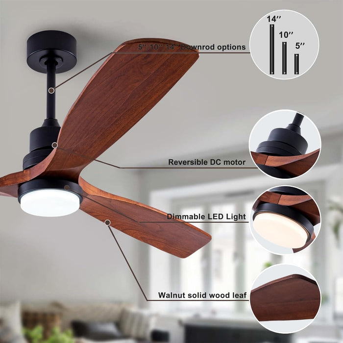48 in. Black Wood Ceiling Fan with Light and Remote Control, Indoor Outdoor Dark Walnut Wood 3 Blades Ceiling Fan for Patio Living Room Bedroom Office-4-ErisView
