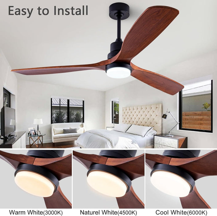 48 in. Black Wood Ceiling Fan with Light and Remote Control, Indoor Outdoor Dark Walnut Wood 3 Blades Ceiling Fan for Patio Living Room Bedroom Office-5-ErisView