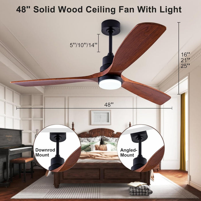 48 in. Black Wood Ceiling Fan with Light and Remote Control, Indoor Outdoor Dark Walnut Wood 3 Blades Ceiling Fan for Patio Living Room Bedroom Office-6-ErisView