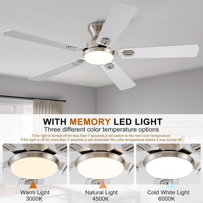 48 in. Brushed Nickel Remote Control Ceiling Fan and Light, Low Profile Flush Mount Ceiling Fan with Light for Bedroom-15-ErisView