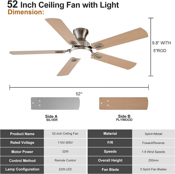 48 in. Brushed Nickel Remote Control Ceiling Fan and Light, Low Profile Flush Mount Ceiling Fan with Light for Bedroom-16-ErisView