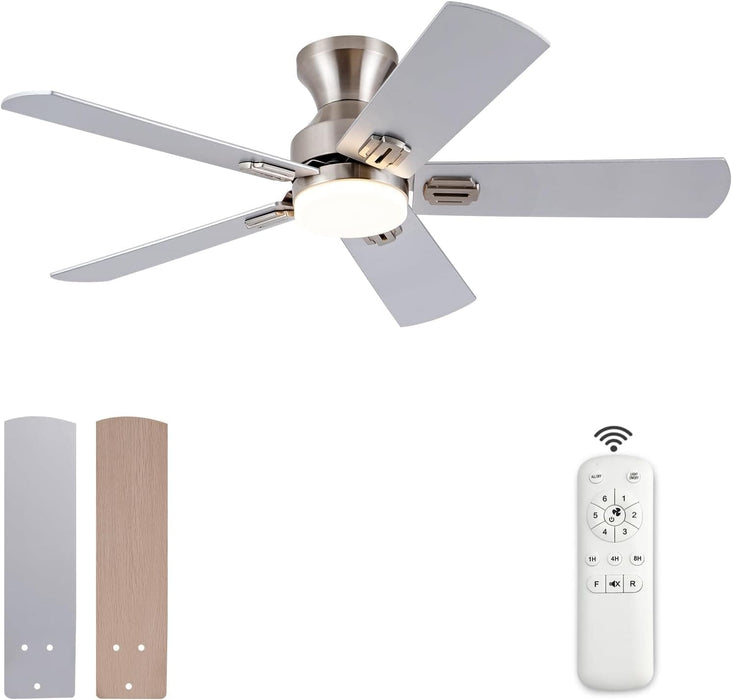 48 in. Brushed Nickel Remote Control Ceiling Fan and Light, Low Profile Flush Mount Ceiling Fan with Light for Bedroom-2-ErisView