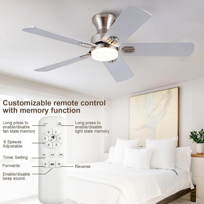 48 in. Brushed Nickel Remote Control Ceiling Fan and Light, Low Profile Flush Mount Ceiling Fan with Light for Bedroom-4-ErisView