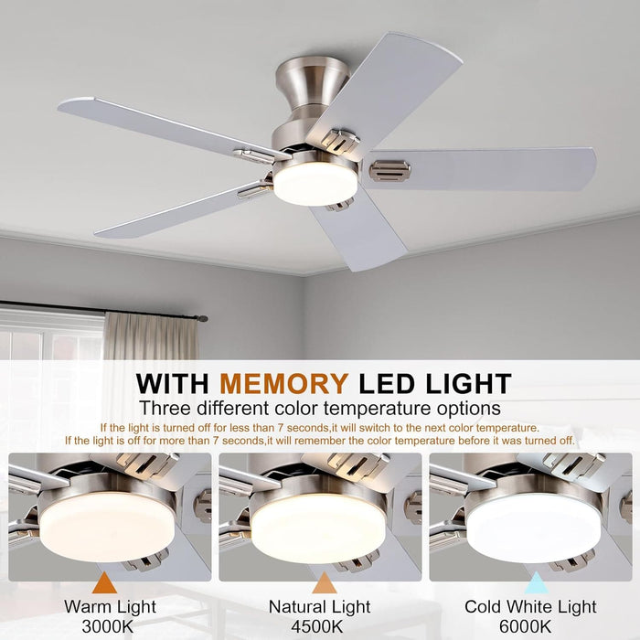 48 in. Brushed Nickel Remote Control Ceiling Fan and Light, Low Profile Flush Mount Ceiling Fan with Light for Bedroom-6-ErisView
