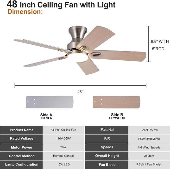 48 in. Brushed Nickel Remote Control Ceiling Fan and Light, Low Profile Flush Mount Ceiling Fan with Light for Bedroom-7-ErisView
