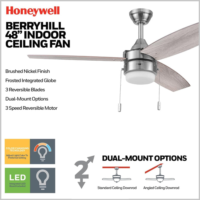 48 in. Ceiling Fan with LED Light Pull Chain, Reversible Brushed Nickel Ceiling Fan-3-ErisView