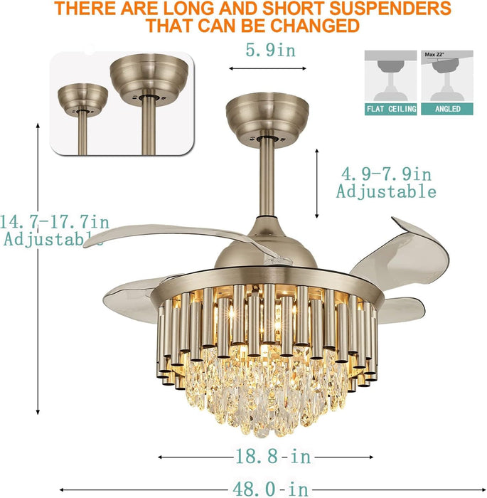 48 in. Chrome Dimmable Crystal Ceiling Fan, Retractable Blade Modern Fandelier Ceiling Fans with Light, Chandelier Fan with Remote Control for Living Room-10-ErisView