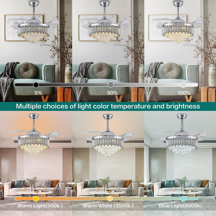 48 in. Chrome Dimmable Crystal Ceiling Fan, Retractable Blade Modern Fandelier Ceiling Fans with Light, Chandelier Fan with Remote Control for Living Room-2-ErisView