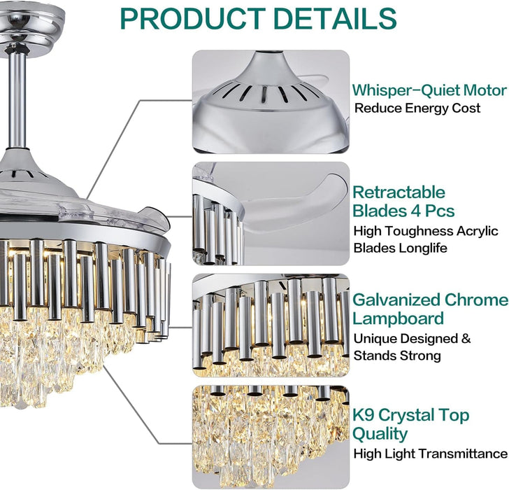 48 in. Chrome Dimmable Crystal Ceiling Fan, Retractable Blade Modern Fandelier Ceiling Fans with Light, Chandelier Fan with Remote Control for Living Room-4-ErisView
