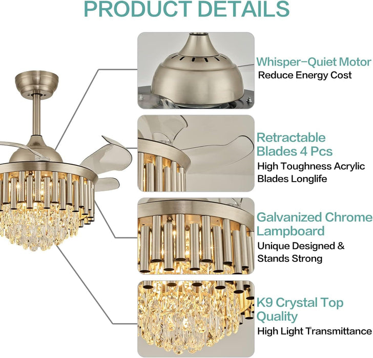 48 in. Chrome Dimmable Crystal Ceiling Fan, Retractable Blade Modern Fandelier Ceiling Fans with Light, Chandelier Fan with Remote Control for Living Room-9-ErisView