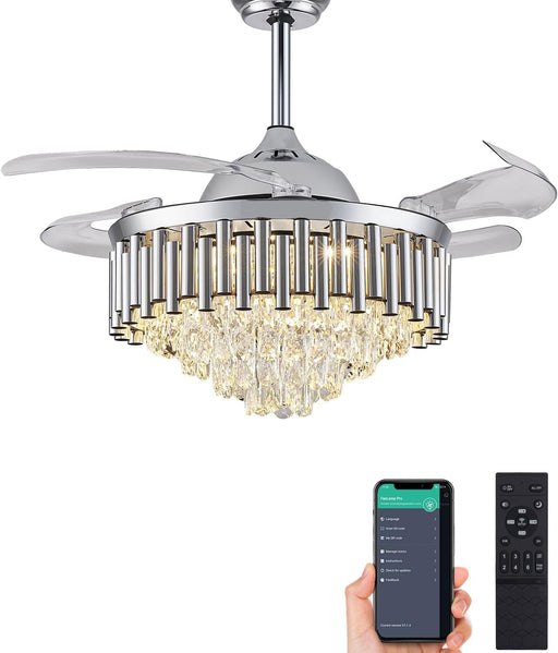 48 in. Chrome Dimmable Crystal Ceiling Fan, Retractable Blade Modern Fandelier Ceiling Fans with Light, Chandelier Fan with Remote Control for Living Room-1-ErisView