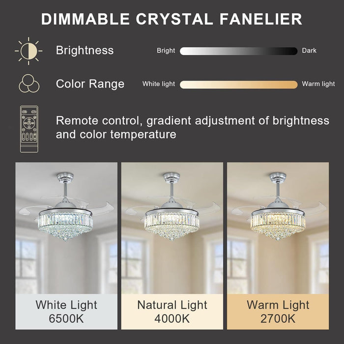 48 in. Chrome Modern Dimmable Crystal Fandelier, Retractable Blade Ceiling Fan with Light and Remote, Invisible LED Ceiling Fan-3-ErisView
