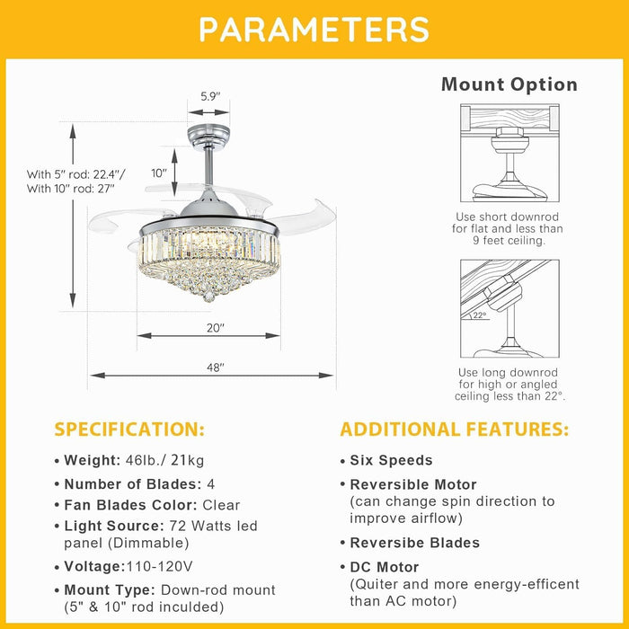 48 in. Chrome Modern Dimmable Crystal Fandelier, Retractable Blade Ceiling Fan with Light and Remote, Invisible LED Ceiling Fan-4-ErisView