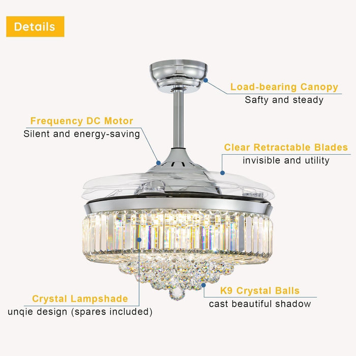 48 in. Chrome Modern Dimmable Crystal Fandelier, Retractable Blade Ceiling Fan with Light and Remote, Invisible LED Ceiling Fan-5-ErisView