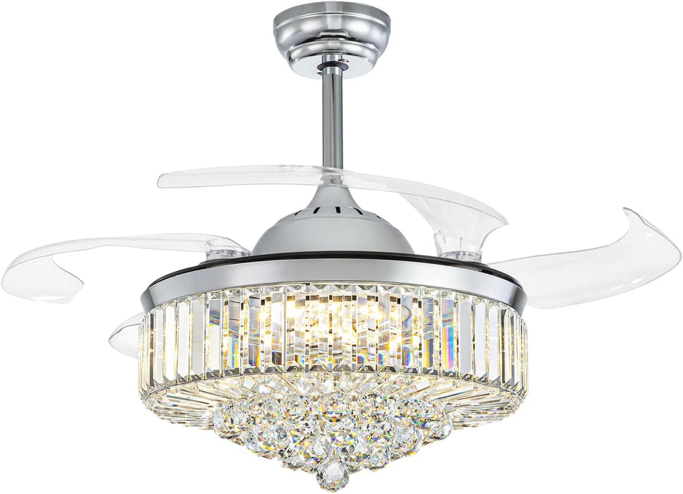48 in. Chrome Modern Dimmable Crystal Fandelier, Retractable Blade Ceiling Fan with Light and Remote, Invisible LED Ceiling Fan-7-ErisView