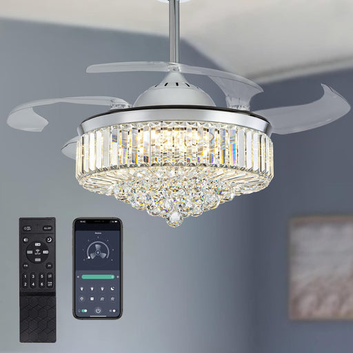 48 in. Chrome Modern Dimmable Crystal Fandelier, Retractable Blade Ceiling Fan with Light and Remote, Invisible LED Ceiling Fan-1-ErisView