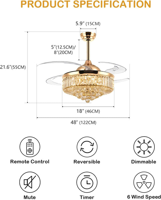 48 in. Crystal Ceiling Fan with Light and Remote Modern Dimmable Fandelier for Bedroom invisible Retractable Chandelier Fan Gold for Living Room Fan-2-ErisView