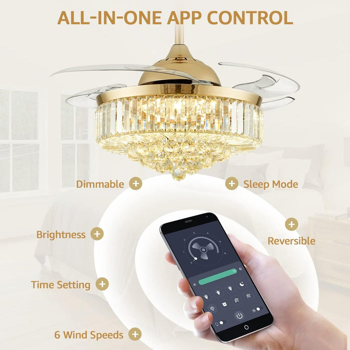 48 in. Crystal Ceiling Fan with Light and Remote Modern Dimmable Fandelier for Bedroom invisible Retractable Chandelier Fan Gold for Living Room Fan-5-ErisView