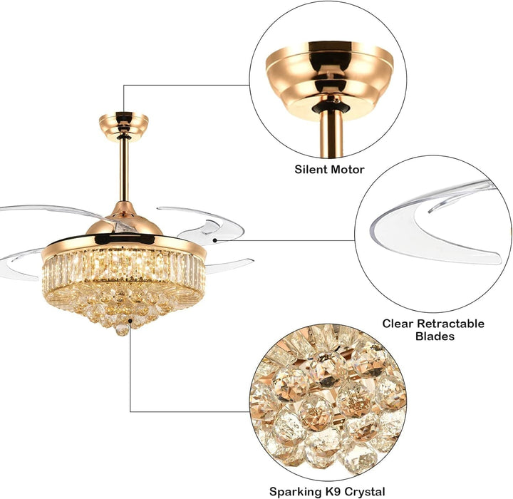 48 in. Crystal Ceiling Fan with Light and Remote Modern Dimmable Fandelier for Bedroom invisible Retractable Chandelier Fan Gold for Living Room Fan-7-ErisView