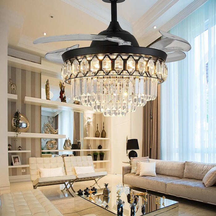 48 in. Dimmable Black Fandelier, Crystal LED Ceiling Fan with Lights and Remote, Modern Retractable Blade Ceiling Fan for Bedroom Dining Room Living Room-2-ErisView