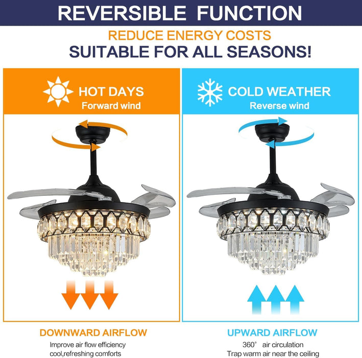 48 in. Dimmable Black Fandelier, Crystal LED Ceiling Fan with Lights and Remote, Modern Retractable Blade Ceiling Fan for Bedroom Dining Room Living Room-3-ErisView