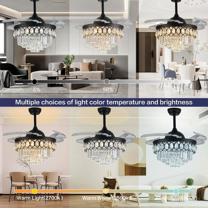 48 in. Dimmable Black Fandelier, Crystal LED Ceiling Fan with Lights and Remote, Modern Retractable Blade Ceiling Fan for Bedroom Dining Room Living Room-4-ErisView