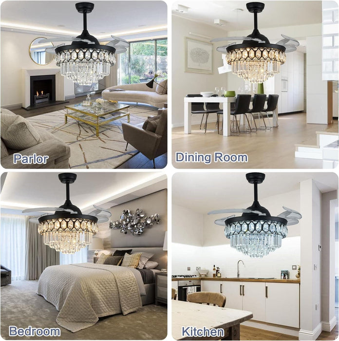 48 in. Dimmable Black Fandelier, Crystal LED Ceiling Fan with Lights and Remote, Modern Retractable Blade Ceiling Fan for Bedroom Dining Room Living Room-5-ErisView