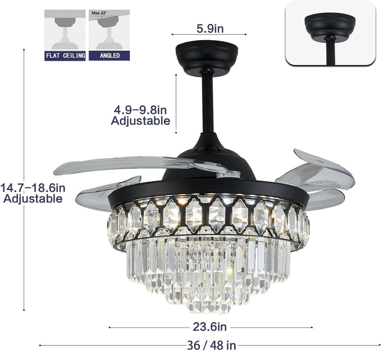 48 in. Dimmable Black Fandelier, Crystal LED Ceiling Fan with Lights and Remote, Modern Retractable Blade Ceiling Fan for Bedroom Dining Room Living Room-6-ErisView