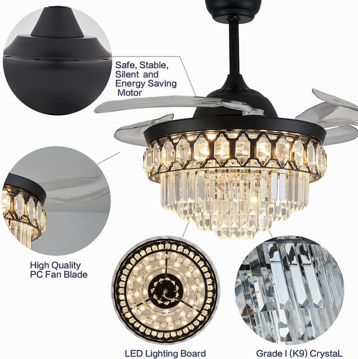 48 in. Dimmable Black Fandelier, Crystal LED Ceiling Fan with Lights and Remote, Modern Retractable Blade Ceiling Fan for Bedroom Dining Room Living Room-7-ErisView