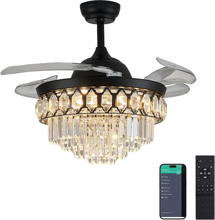48 in. Dimmable Black Fandelier, Crystal LED Ceiling Fan with Lights and Remote, Modern Retractable Blade Ceiling Fan for Bedroom Dining Room Living Room-1-ErisView