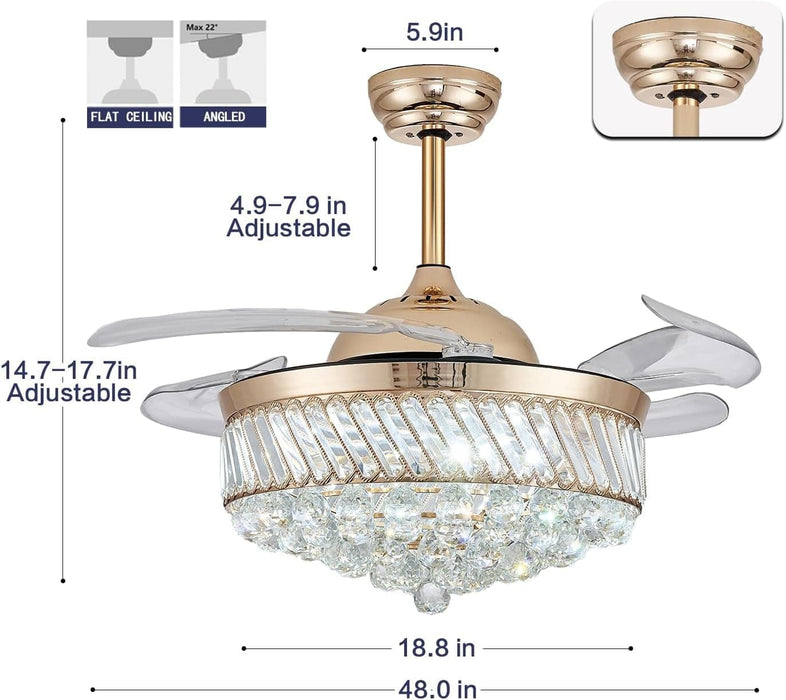 48 in. Dimmable Gold Fandelier for Bedroom, Crystal Chandeliers LED Ceiling Fan with Lights and Remote for Dining Room Living Room-5-ErisView