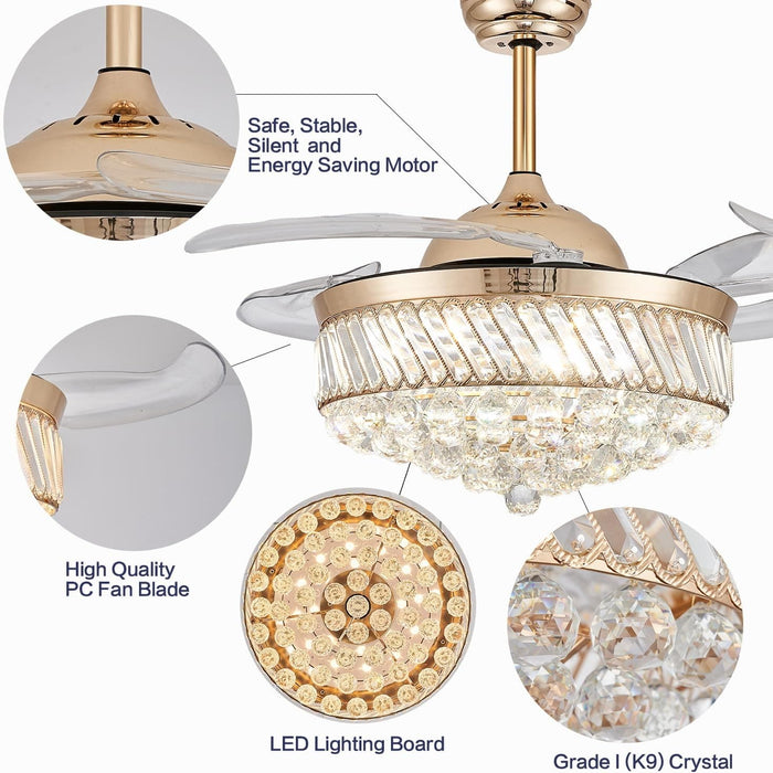 48 in. Dimmable Gold Fandelier for Bedroom, Crystal Chandeliers LED Ceiling Fan with Lights and Remote for Dining Room Living Room-6-ErisView