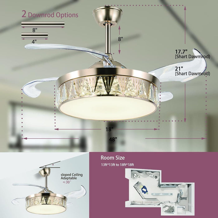 48 in. Fandelier Ceiling Fan, Gold Ceiling Fans with Light and Remote, Dimmable Flush Mount Low Profile Ceiling Fan-6-ErisView