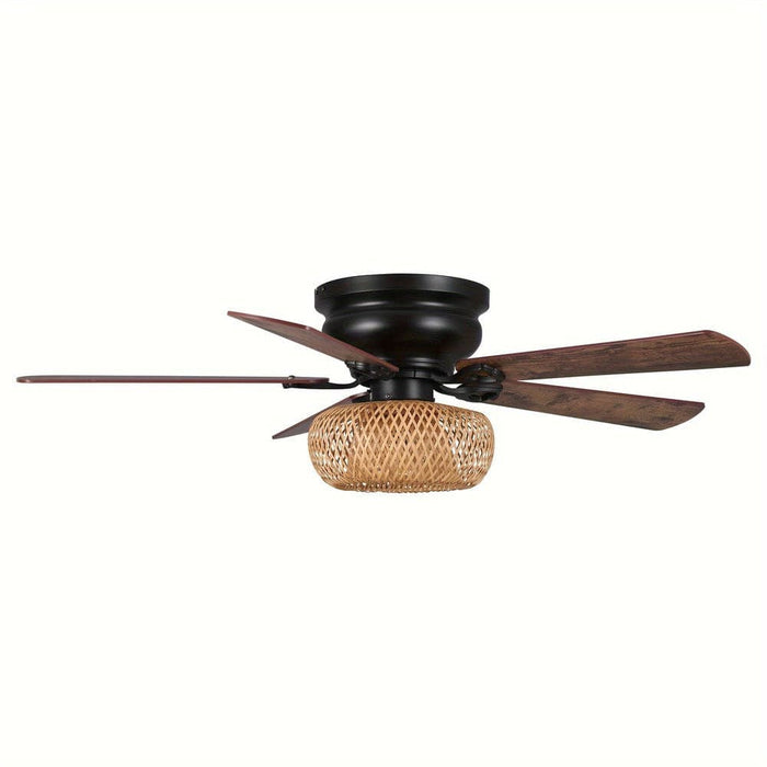 48 in. Farmhouse Flush Mount Ceiling Fan Light, 5-Blade Black Ceiling Fan with Bamboo Shade-ErisView