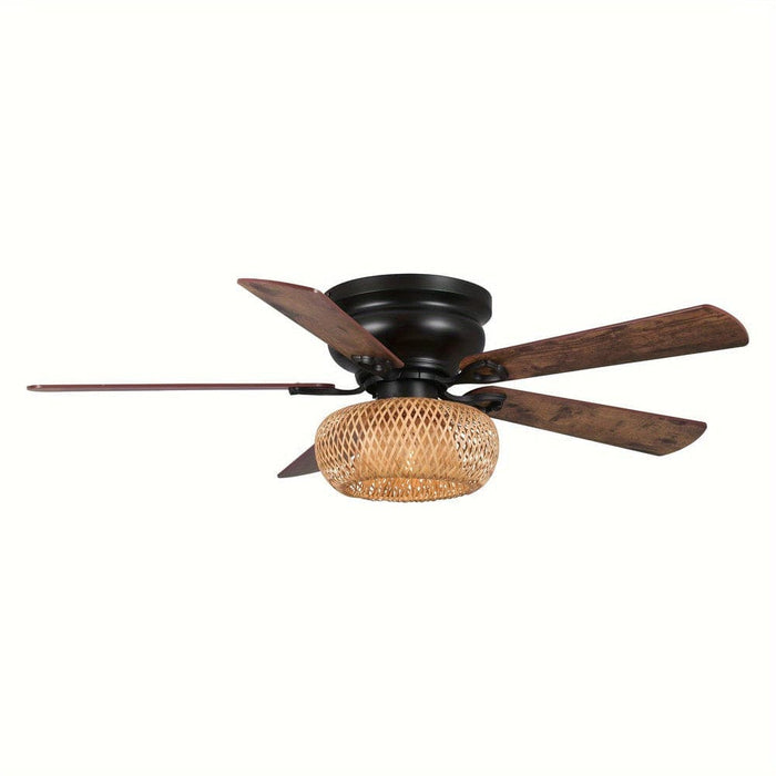48 in. Farmhouse Flush Mount Ceiling Fan Light, 5-Blade Black Ceiling Fan with Bamboo Shade-ErisView