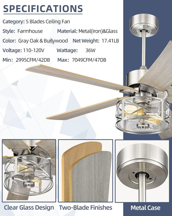 48 in. Farmhouse Industrial Ceiling Fans with Light, Remote Ceiling Fan with Light and Clear Glass, Gray Ceiling Fan, Oak Ceiling Fan-2-ErisView