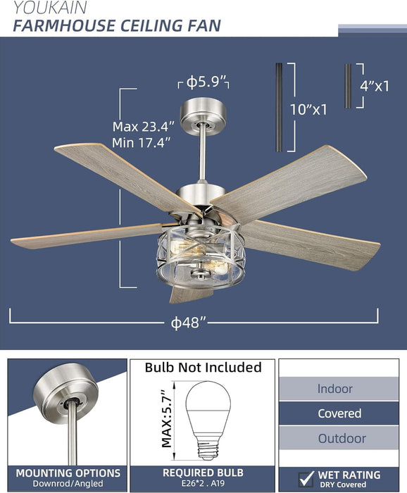 48 in. Farmhouse Industrial Ceiling Fans with Light, Remote Ceiling Fan with Light and Clear Glass, Gray Ceiling Fan, Oak Ceiling Fan-5-ErisView