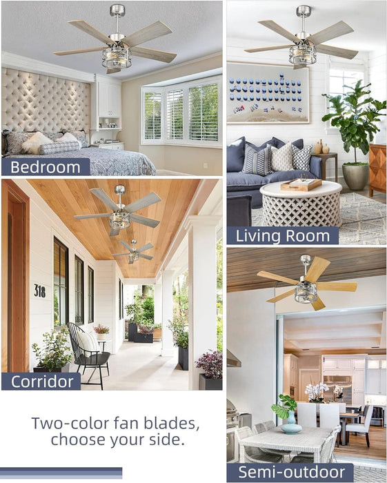 48 in. Farmhouse Industrial Ceiling Fans with Light, Remote Ceiling Fan with Light and Clear Glass, Gray Ceiling Fan, Oak Ceiling Fan-6-ErisView