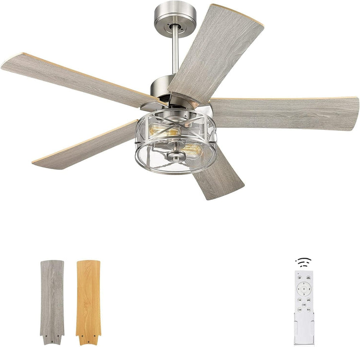 48 in. Farmhouse Industrial Ceiling Fans with Light, Remote Ceiling Fan with Light and Clear Glass, Gray Ceiling Fan, Oak Ceiling Fan-1-ErisView