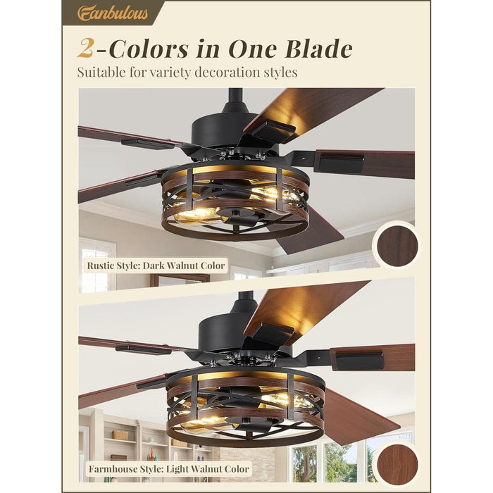 48 in. Farmhouse Rustic Ceiling Fan with Light, Caged Quiet Reversible Ceiling Fan, Ceiling Fan for Bedroom Living Room-3-ErisView