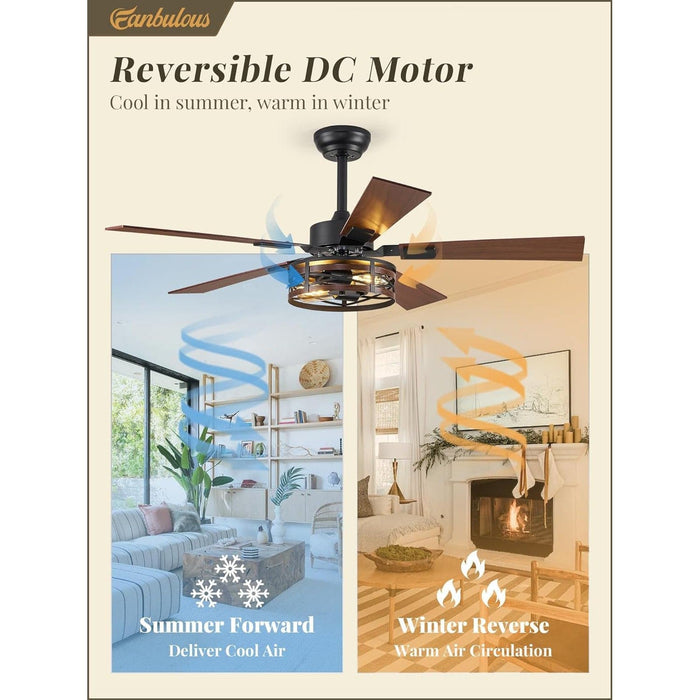 48 in. Farmhouse Rustic Ceiling Fan with Light, Caged Quiet Reversible Ceiling Fan, Ceiling Fan for Bedroom Living Room-6-ErisView