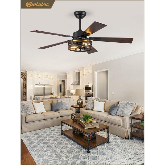 48 in. Farmhouse Rustic Ceiling Fan with Light, Caged Quiet Reversible Ceiling Fan, Ceiling Fan for Bedroom Living Room-7-ErisView