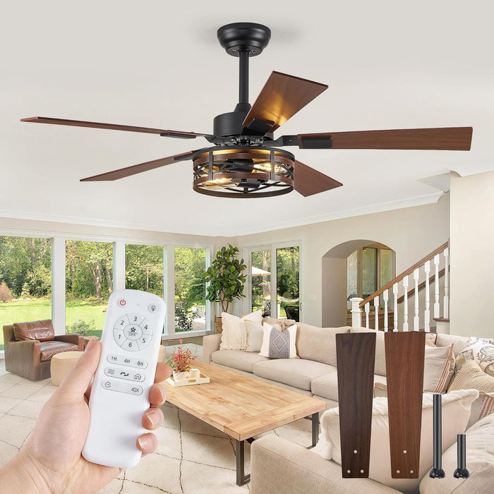 48 in. Farmhouse Rustic Ceiling Fan with Light, Caged Quiet Reversible Ceiling Fan, Ceiling Fan for Bedroom Living Room-1-ErisView