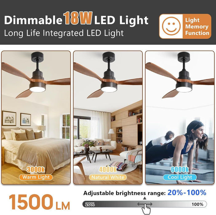 48 in. Indoor Outdoor Ceiling Fan with Light and Remote, Dimmable Smart Modern Ceiling Fan with Timer, Wood Ceiling Fan for Bedroom Living Room-2-ErisView