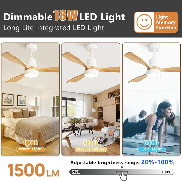 48 in. Indoor Outdoor Ceiling Fan with Light and Remote, Dimmable Smart Modern Ceiling Fan with Timer, Wood Ceiling Fan for Bedroom Living Room-43-ErisView