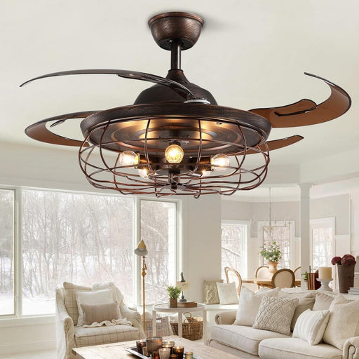 48 in. Industrial Ceiling Fan with Lights, Vintage Caged Ceiling Fan with Remote Control, Flush Mount Fandelier for Bedroom Living Room-1-ErisView