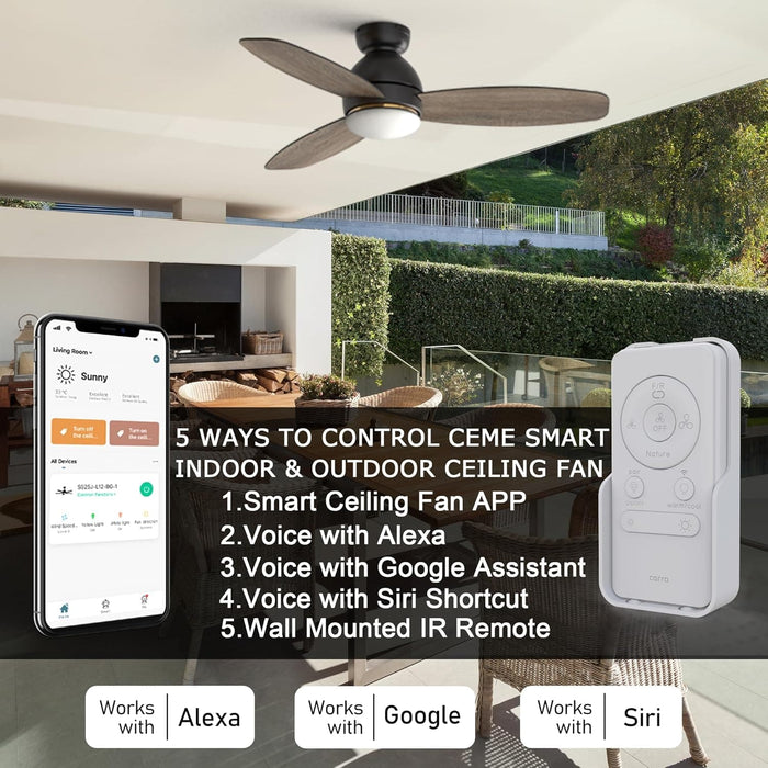 48 in. Light Wood Flush Mount Outdoor Ceiling Fans with Remote, Dimmable LED Ceiling Fan and Light, Work with Alexa Siri Google Home-2-ErisView