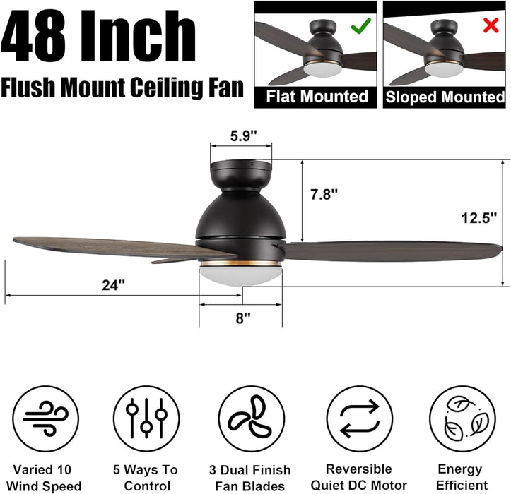 48 in. Light Wood Flush Mount Outdoor Ceiling Fans with Remote, Dimmable LED Ceiling Fan and Light, Work with Alexa Siri Google Home-7-ErisView
