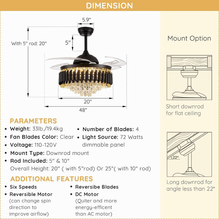 48 in. Luxury Crystal Ceiling Fan Chandelier with Light and Remote, Modern Ceiling Fan without Blades for Living Room Dining Room Foyer Hotel-14-ErisView