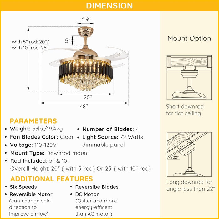 48 in. Luxury Crystal Ceiling Fan Chandelier with Light and Remote, Modern Ceiling Fan without Blades for Living Room Dining Room Foyer Hotel-5-ErisView